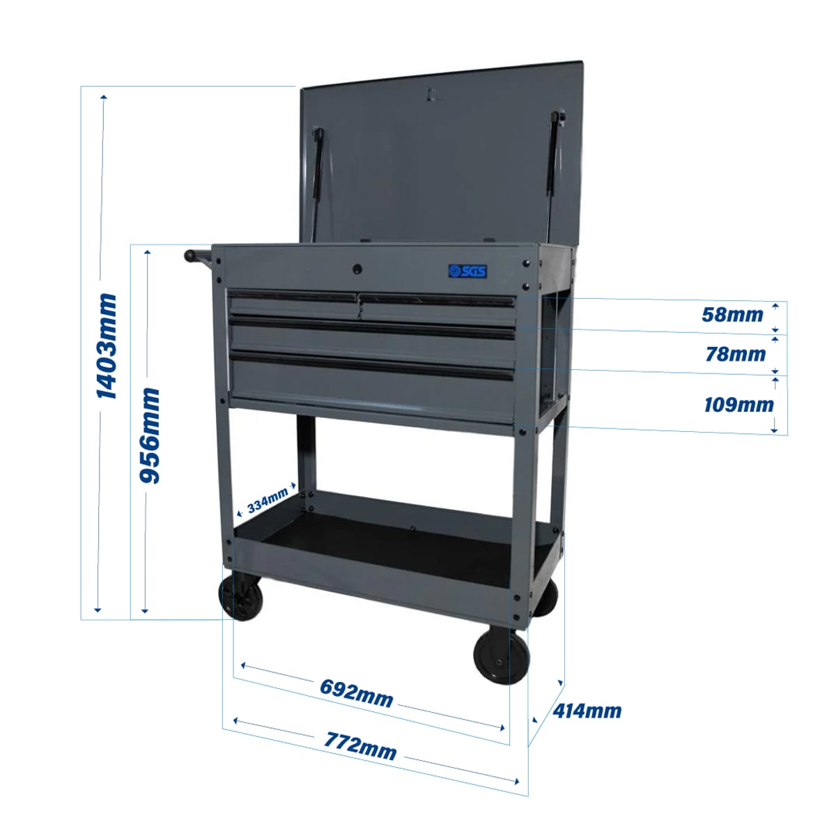 SGS 30in Tool Trolley Cart with Lid | 4 Drawers | Grey
